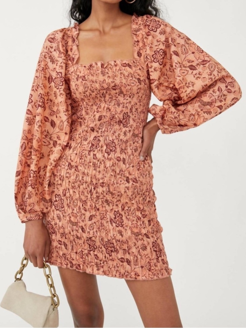 Free People Smock It To Me Mini Dress Womens XS Puff Sleeve Floral Boho B12
